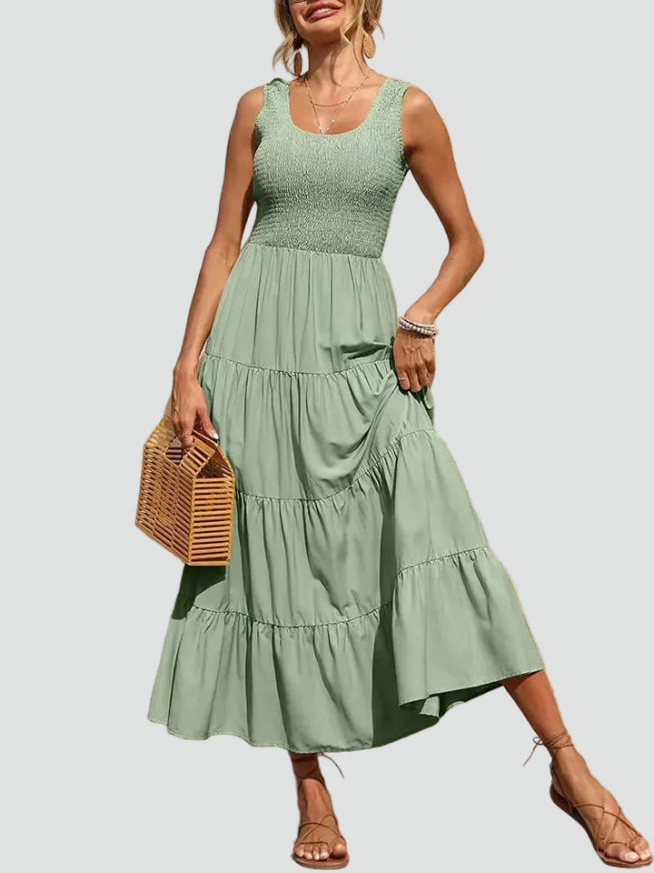 Ruched midi dress with wide straps, flared