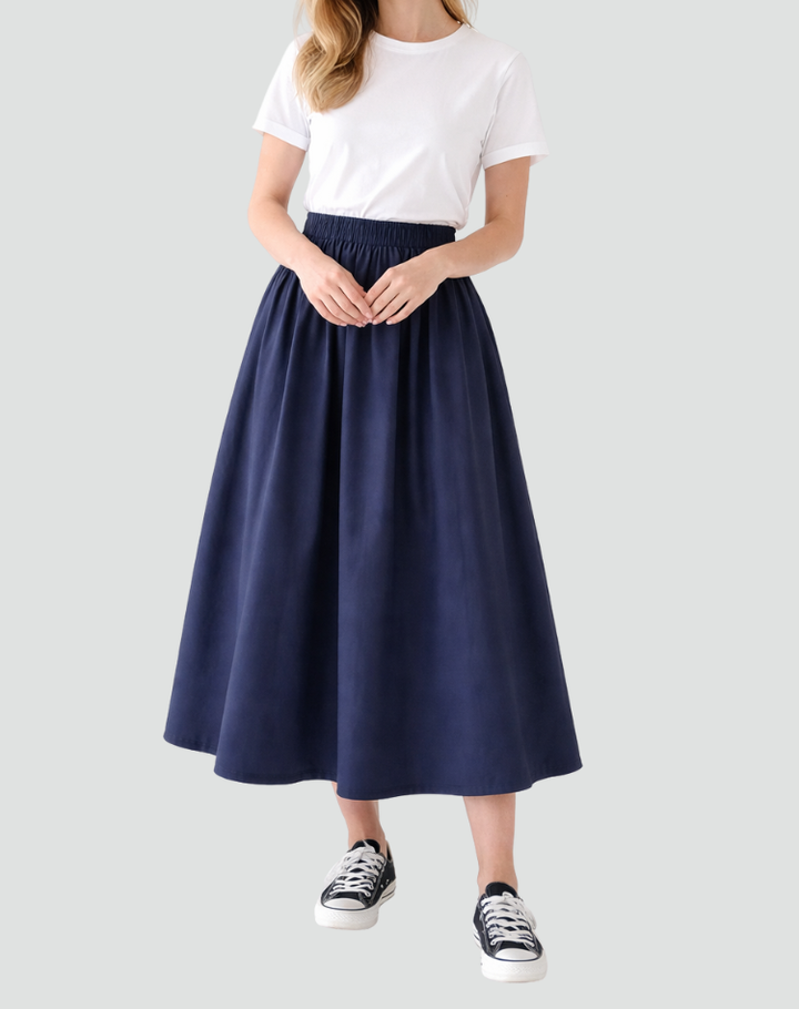 Women's Flared Midi Skirt Elastic Waist Casual Basic A-Line