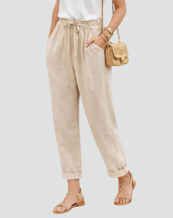 Pants with a tie waist and rolled-up hem