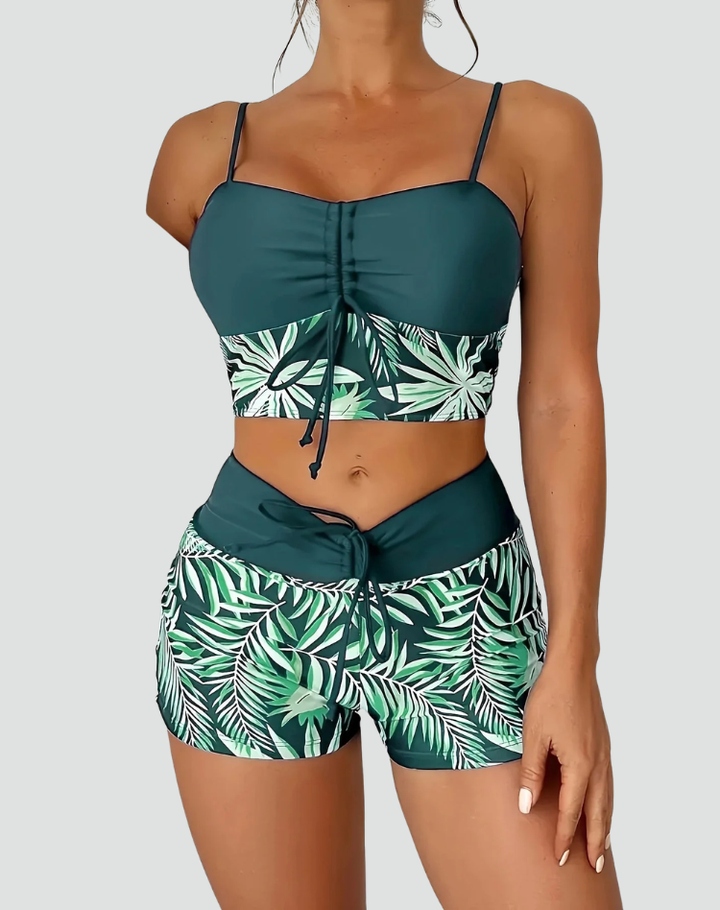 Women's sporty tankini with shorts and ruching on the bust
