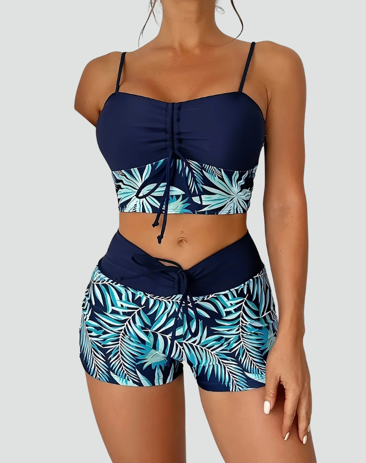 Women's sporty tankini with shorts and ruching on the bust