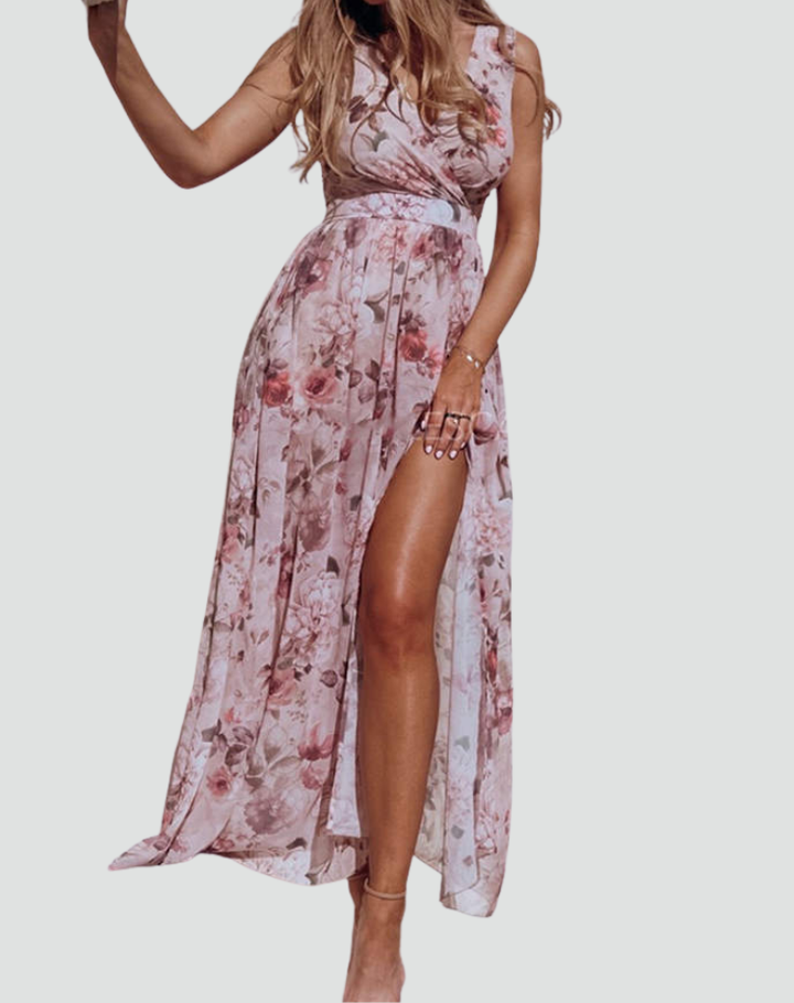 Maxi-jurk met bloemenprint, overslaghals en split