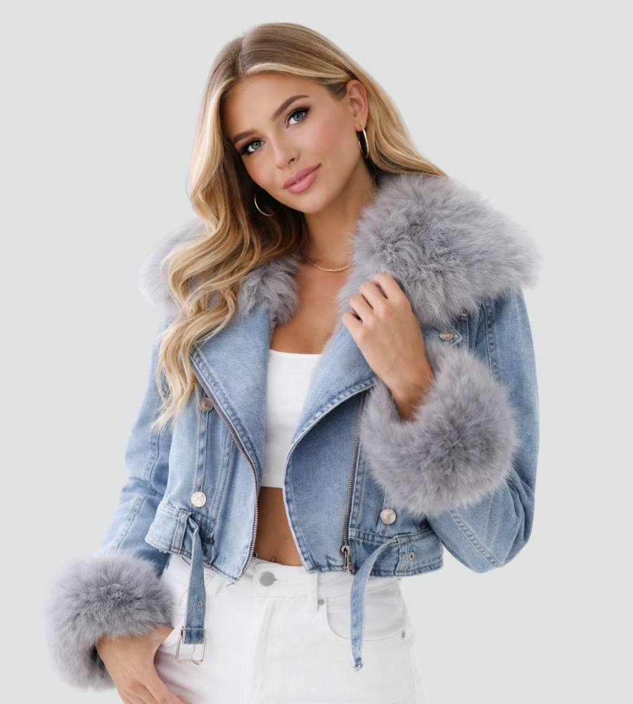 Stylowa damska kurtka jeansowa z futrzanym obszyciem