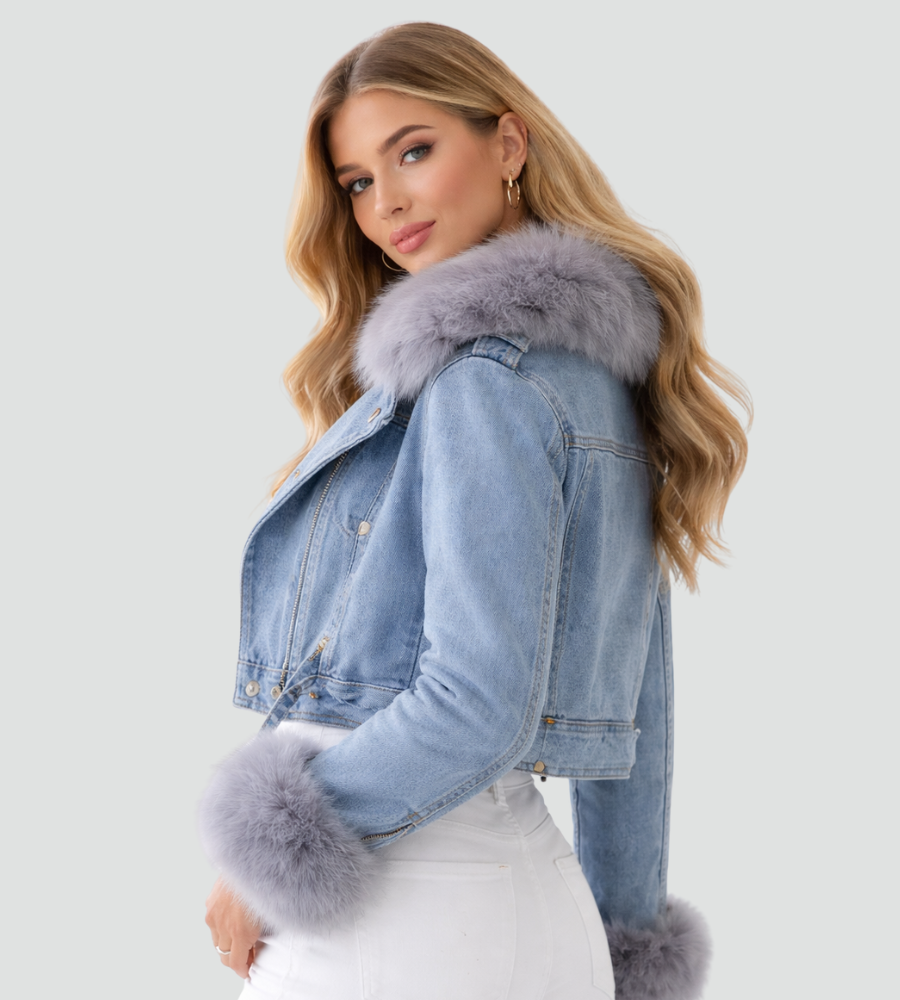 Stylowa damska kurtka jeansowa z futrzanym obszyciem