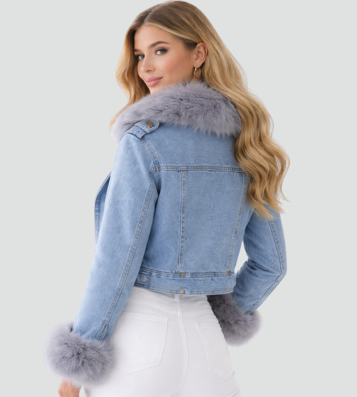 Stylowa damska kurtka jeansowa z futrzanym obszyciem