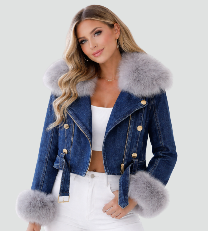 Stylowa damska kurtka jeansowa z futrzanym obszyciem