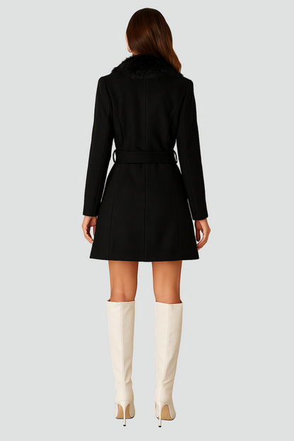 Stylowy Elegancki Damski Krótki Płaszcz Zimowy z futrzanym kołnierzem