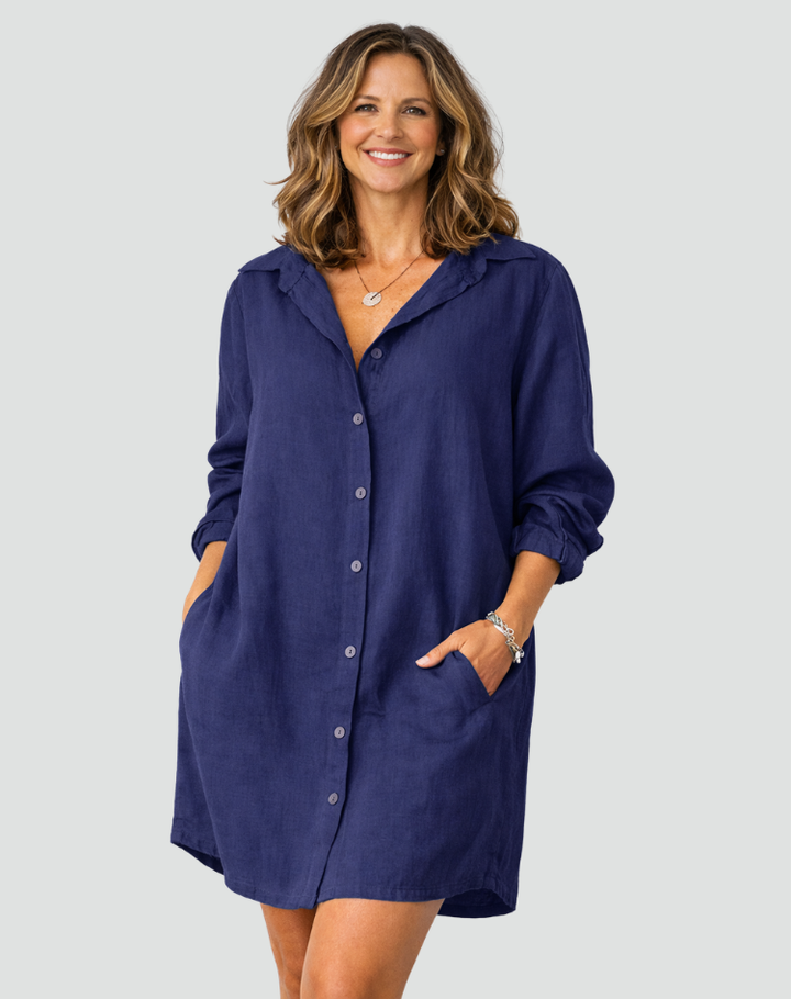 Sukienka Damska Koszulowa Szmizjerka Len Oversize Guziki Casual