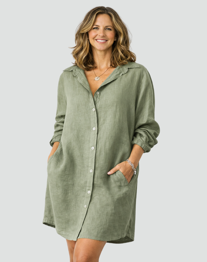 Sukienka Damska Koszulowa Szmizjerka Len Oversize Guziki Casual