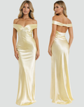 Yellow satin-look maxi dress with off-shoulder for weddings
