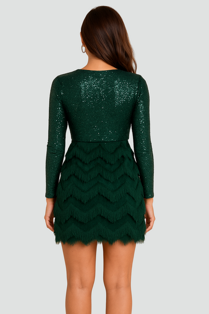 REVISION - Sukienka koktajlowa mini bodycon z błyszczącą górą i frędzelkową spódnicą