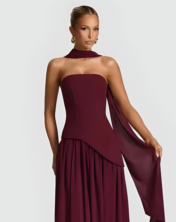 Sukienka maxi gala damska z asymetrycznym gorsetem i szalem