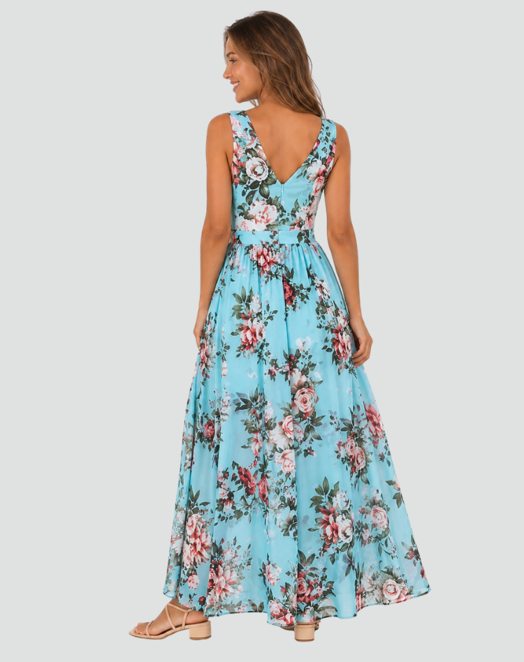 Maxi floral dress with a wrap neckline and slit