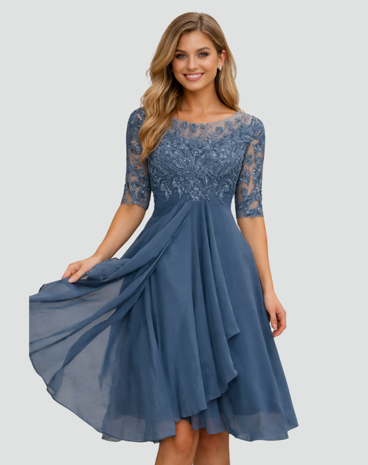 Women's midi gala lace dress with 3/4 sleeve and tulle hem