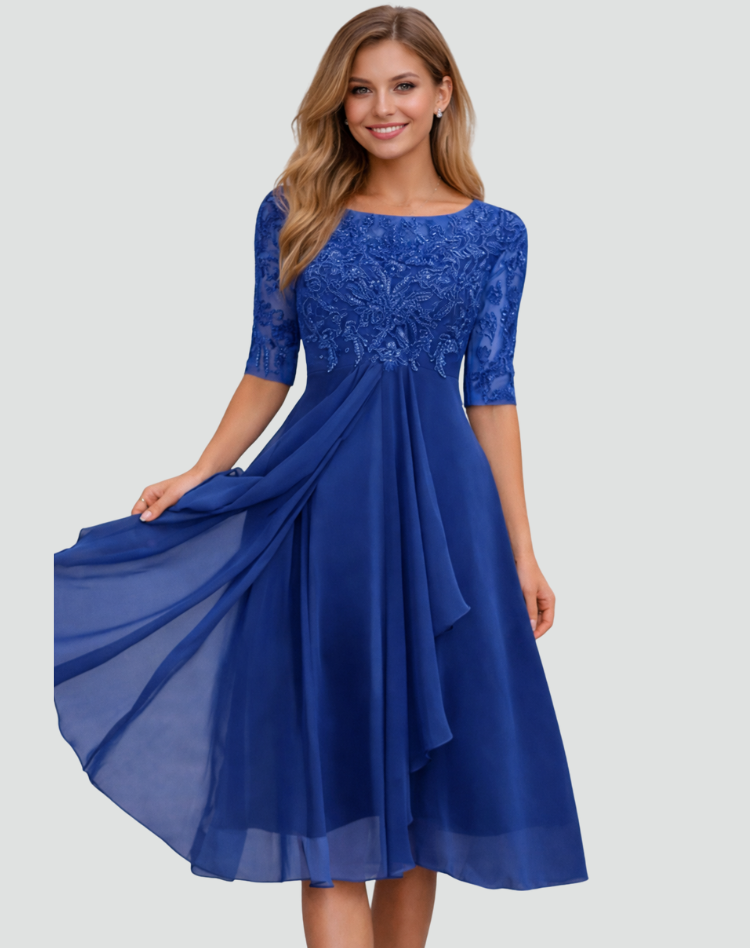 Women's midi gala lace dress with 3/4 sleeve and tulle hem