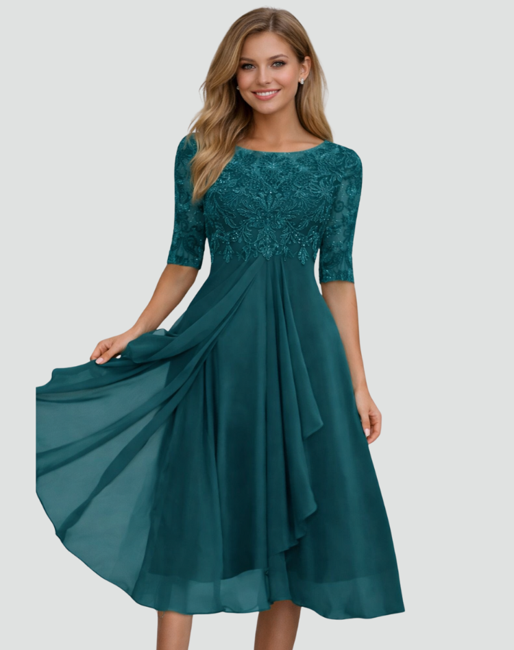 Women's midi gala lace dress with 3/4 sleeve and tulle hem