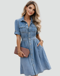 Midi denim shirt dress for summer with buttons