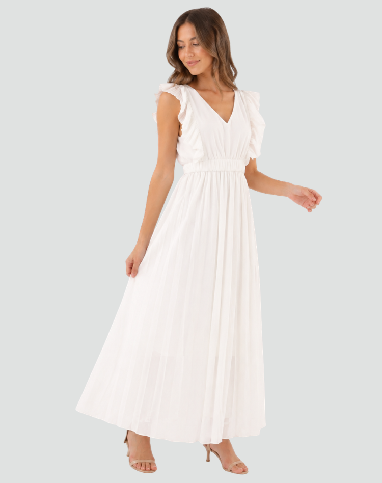 Midi dress with ruffles and pleated hem with belt