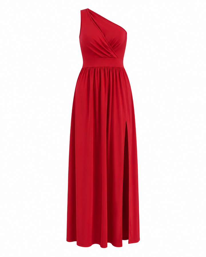 Maxi evening dress with one shoulder and a leg slit