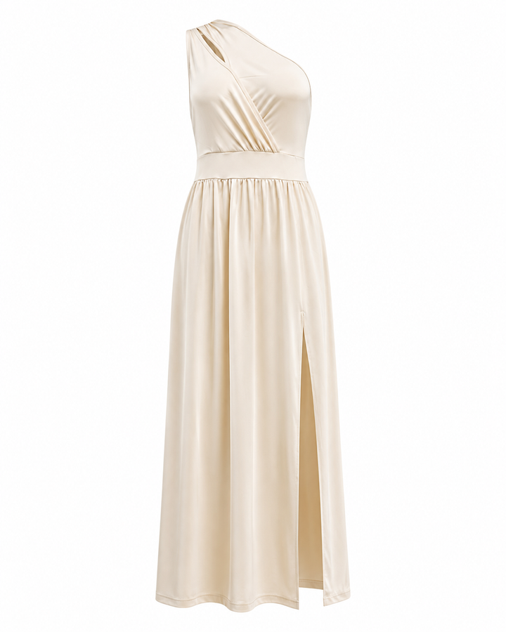 Maxi evening dress with one shoulder and a leg slit