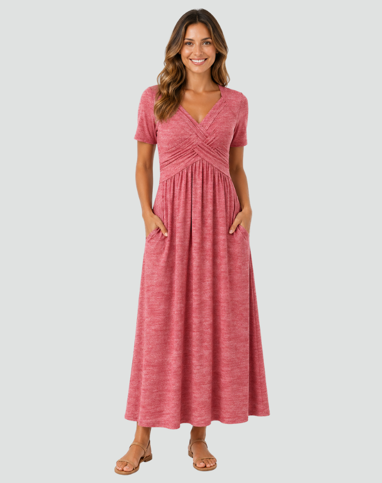 Midi cocktail dress with a wrap neckline and pockets