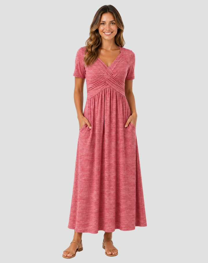 Midi cocktail dress with a wrap neckline and pockets