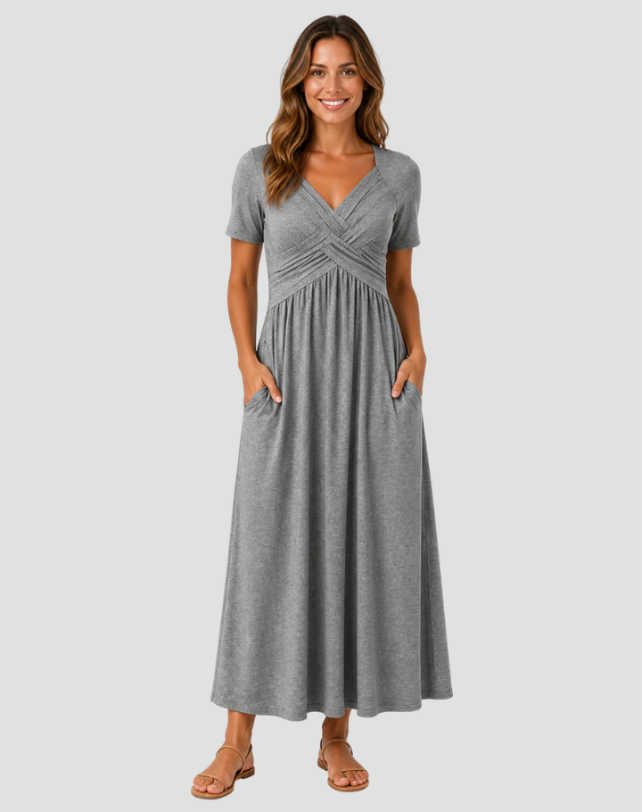 Midi cocktail dress with a wrap neckline and pockets
