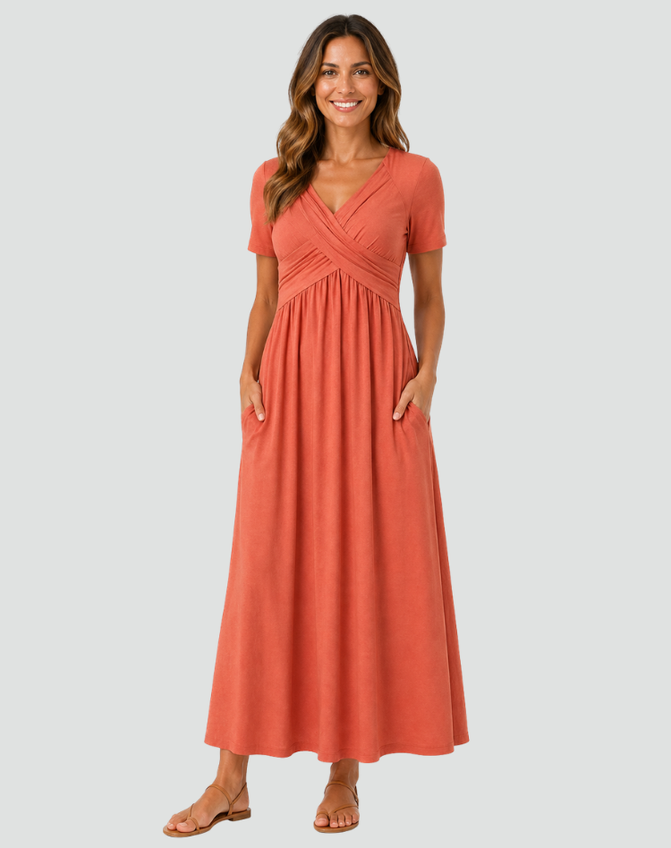 Midi cocktail dress with a wrap neckline and pockets
