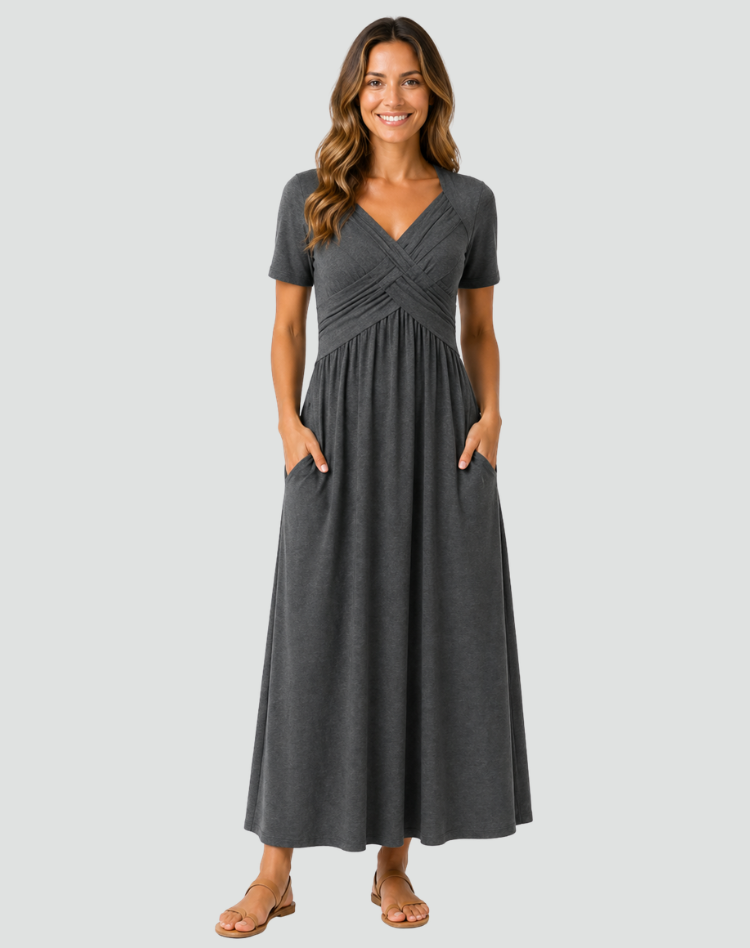 Midi cocktail dress with a wrap neckline and pockets