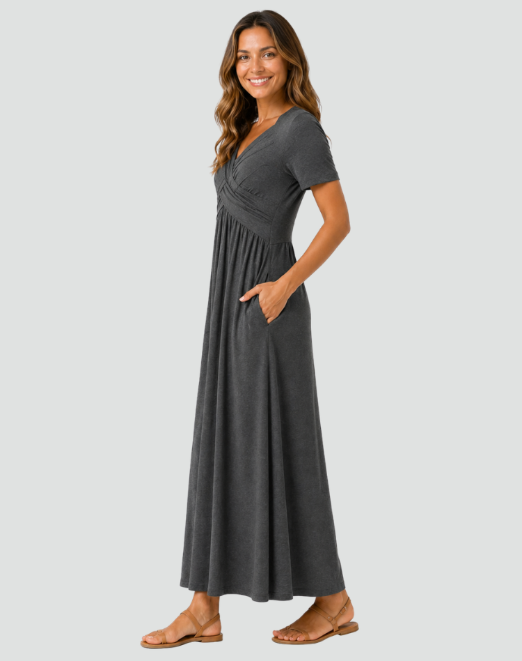 Midi cocktail dress with a wrap neckline and pockets