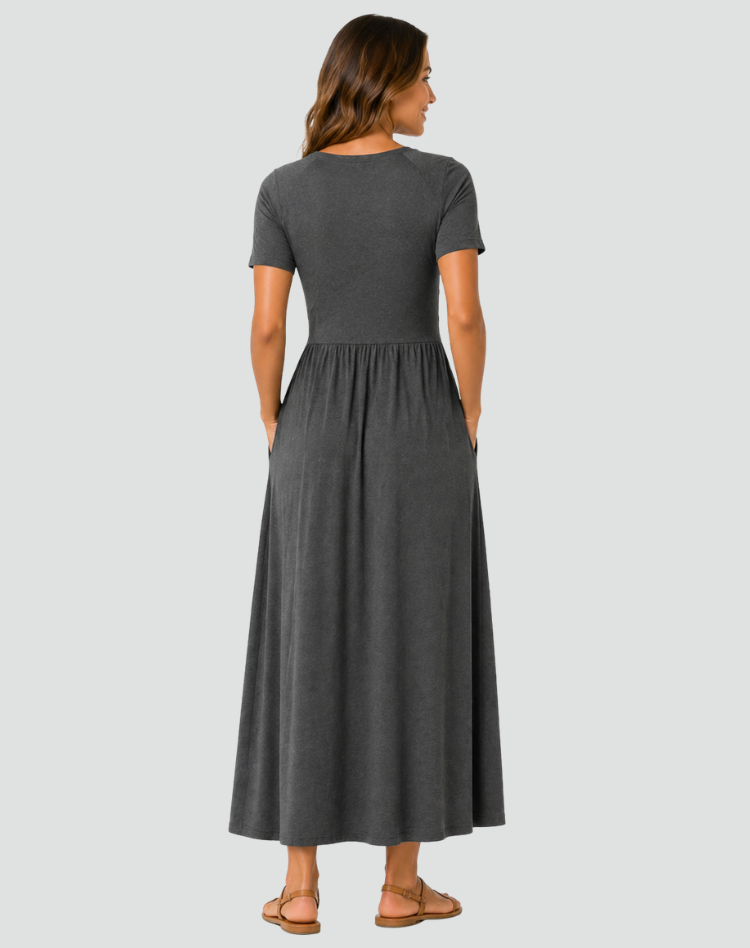 Midi cocktail dress with a wrap neckline and pockets