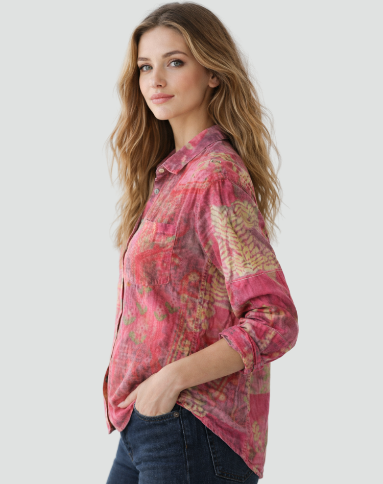 Wzorzysta damska koszula z długim rękawem