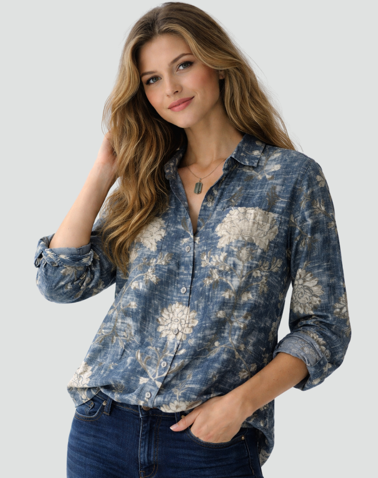 Wzorzysta damska koszula z długim rękawem