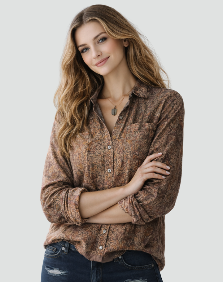 Wzorzysta damska koszula z długim rękawem