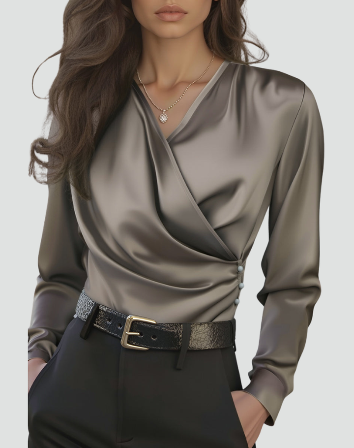 Gray women's blouse with satin look wrap style long sleeves