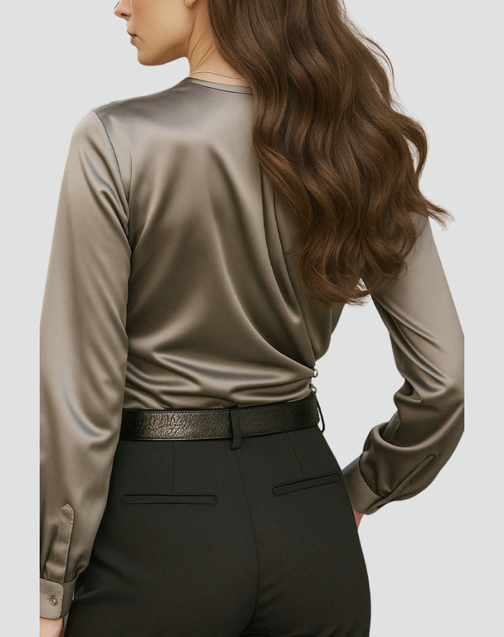 Gray women's blouse with satin look wrap style long sleeves