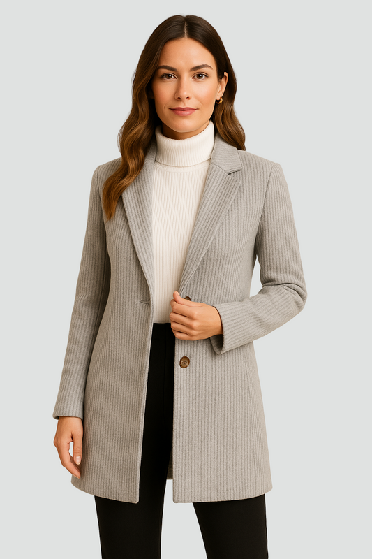 Szara marynarka damska w prążki długa taliowana