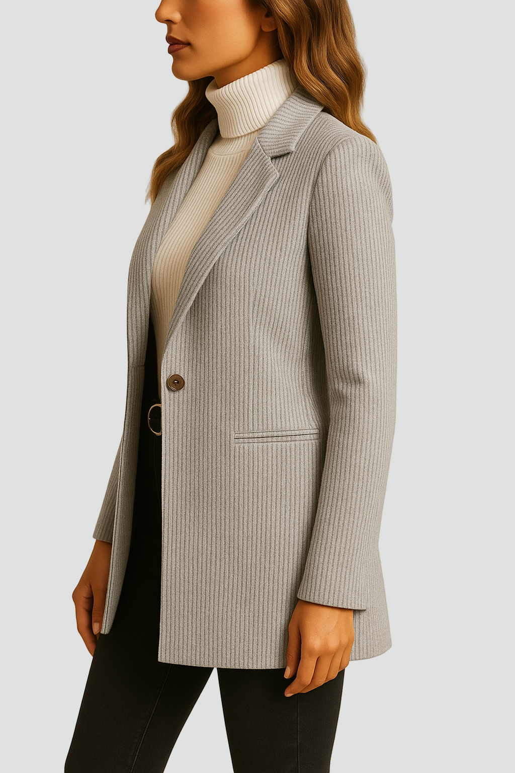 Szara marynarka damska w prążki długa taliowana