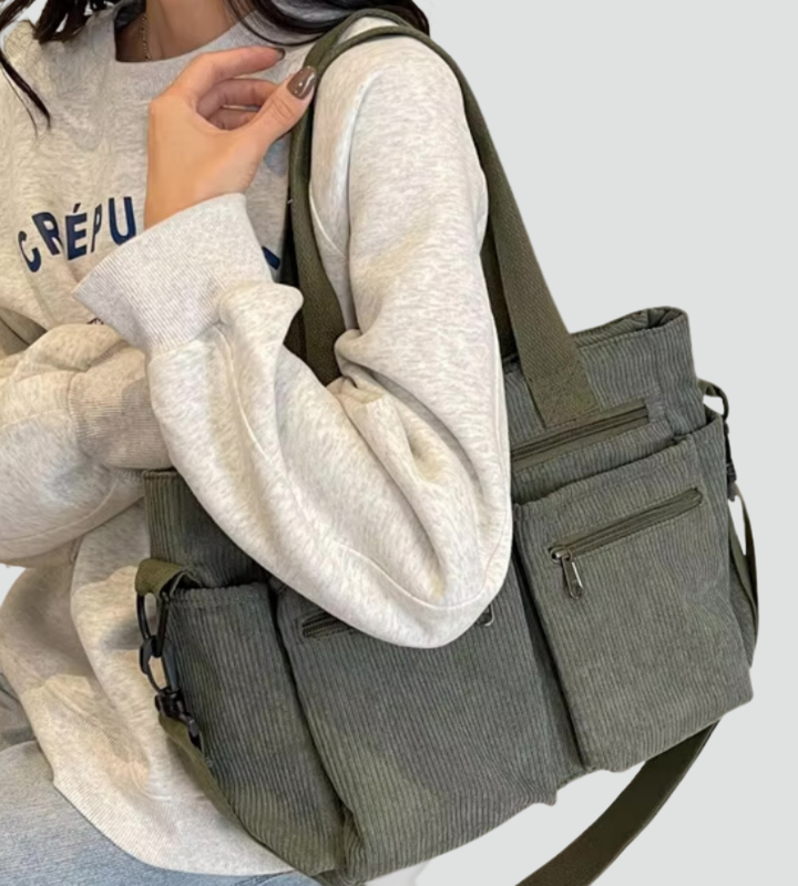 Sztruksowa damska torebka shopper na ramię z kieszeniami