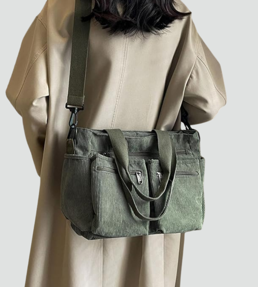 Sztruksowa damska torebka shopper na ramię z kieszeniami