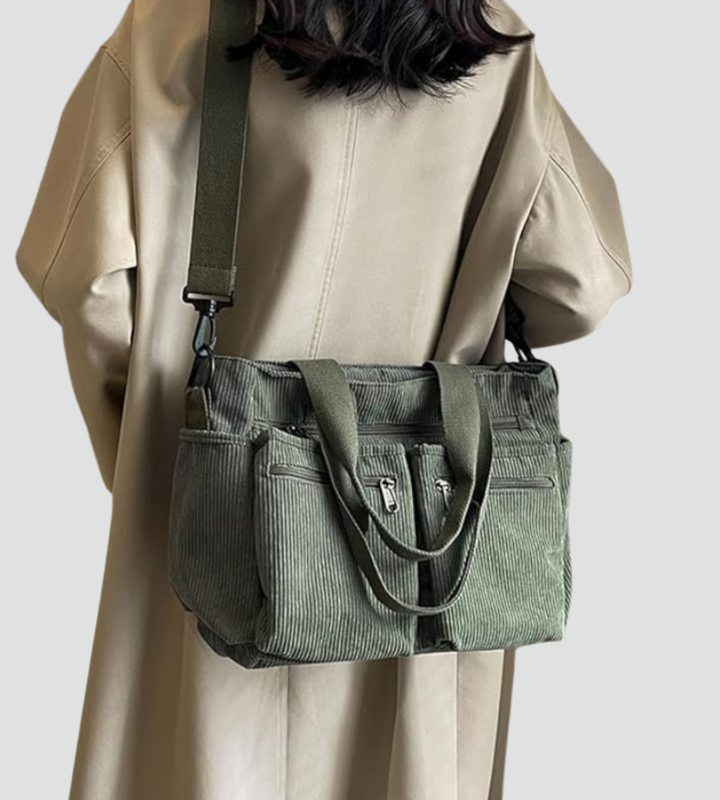 Sztruksowa damska torebka shopper na ramię z kieszeniami