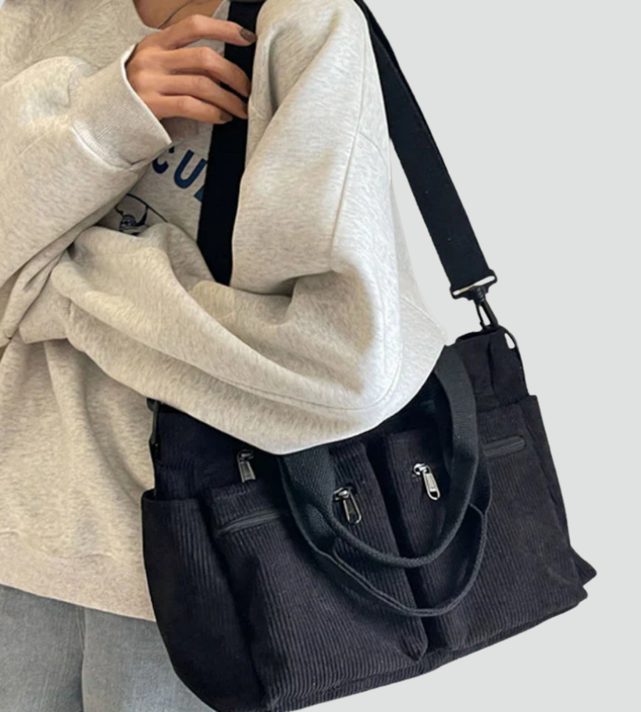 Sztruksowa damska torebka shopper na ramię z kieszeniami