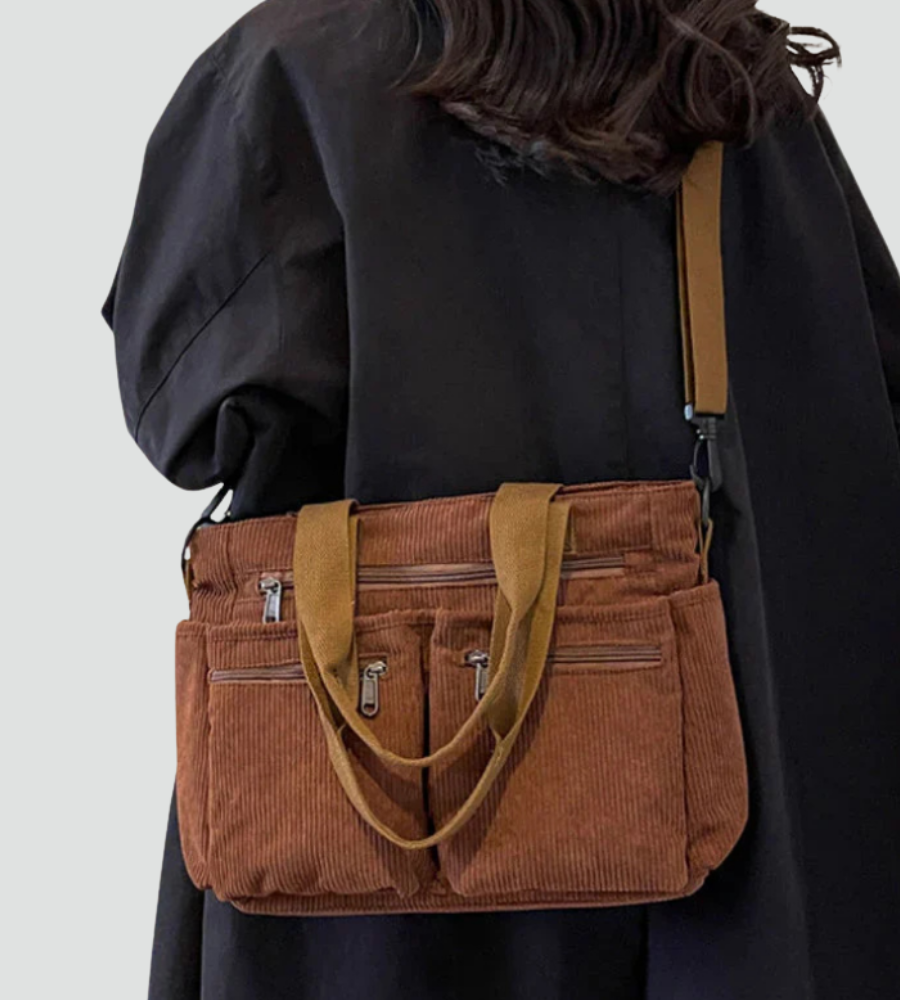 Sztruksowa damska torebka shopper na ramię z kieszeniami