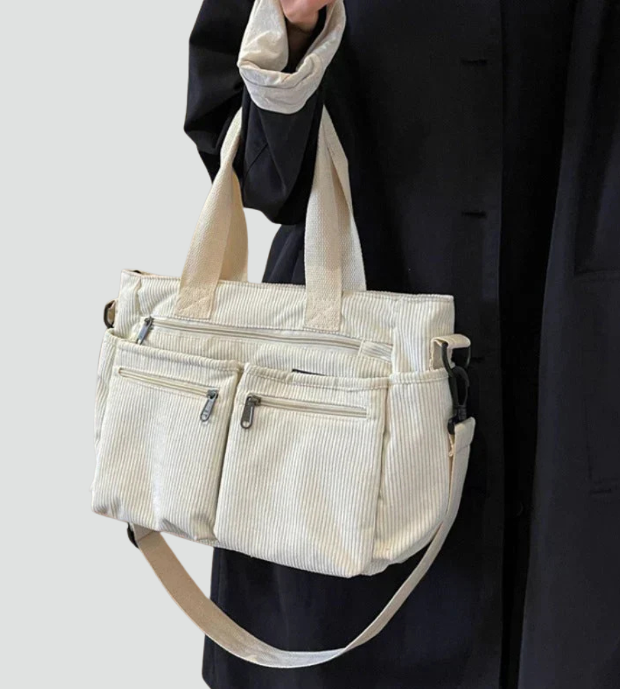 Sztruksowa damska torebka shopper na ramię z kieszeniami