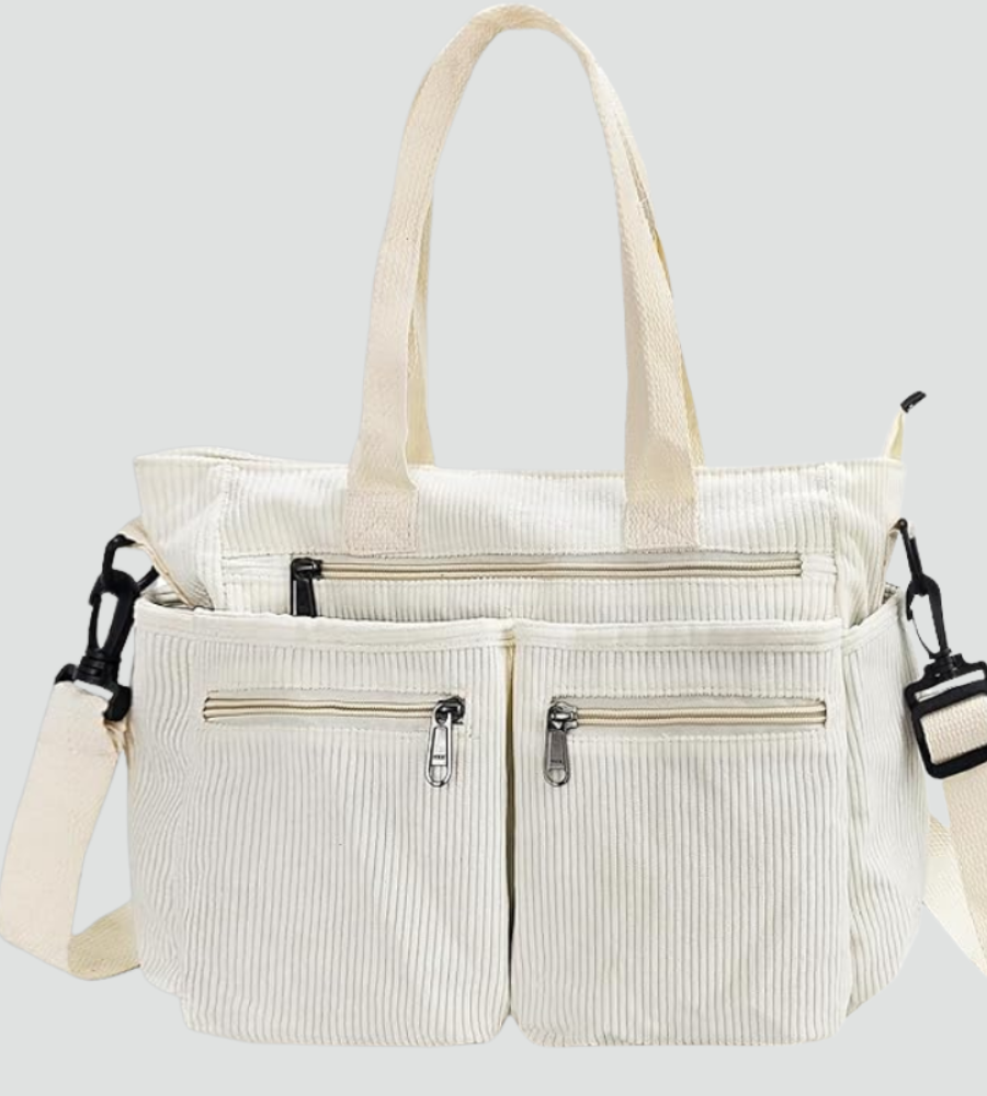 Sztruksowa damska torebka shopper na ramię z kieszeniami