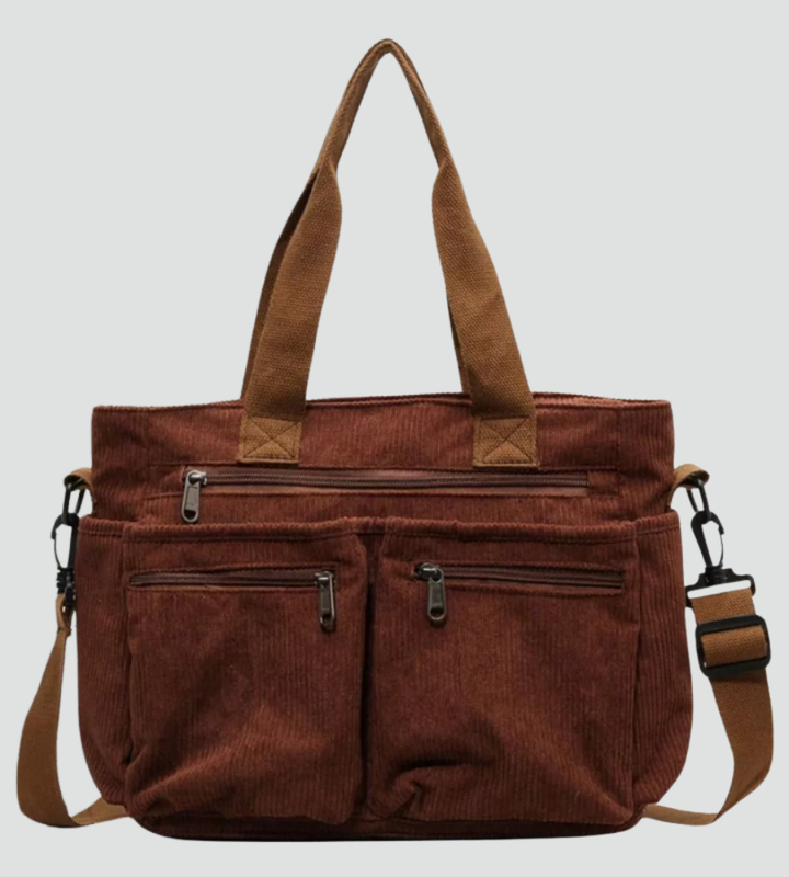 Sztruksowa damska torebka shopper na ramię z kieszeniami