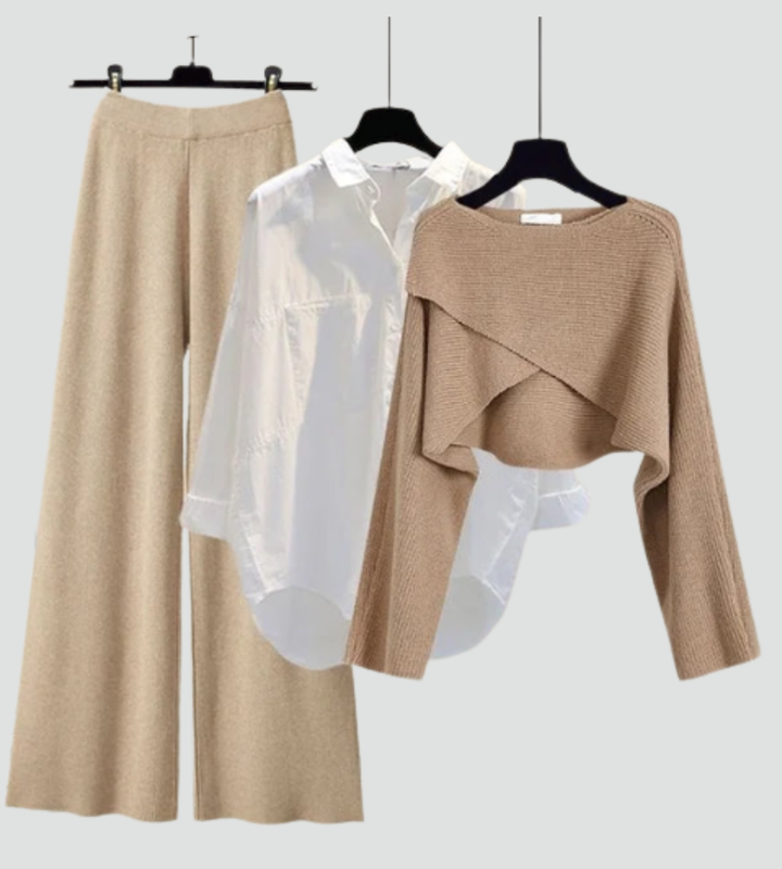 Trzyczęściowy komplet damski sweter koszula i szerokie spodnie