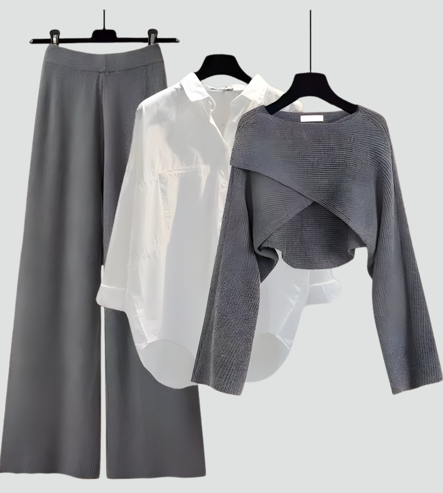 Trzyczęściowy komplet damski sweter koszula i szerokie spodnie