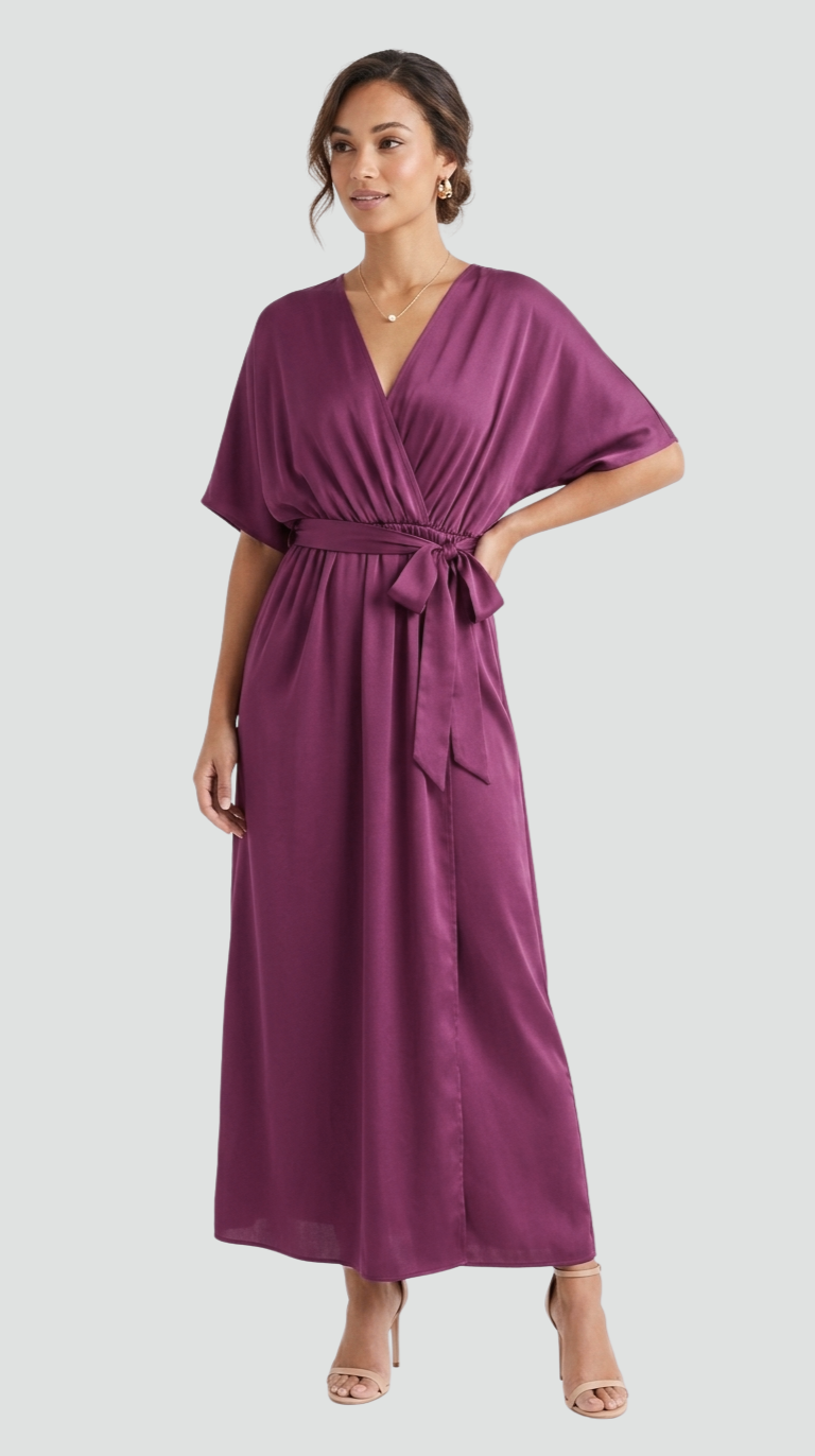 Flowy midi gala dress with a wrap neckline and tie
