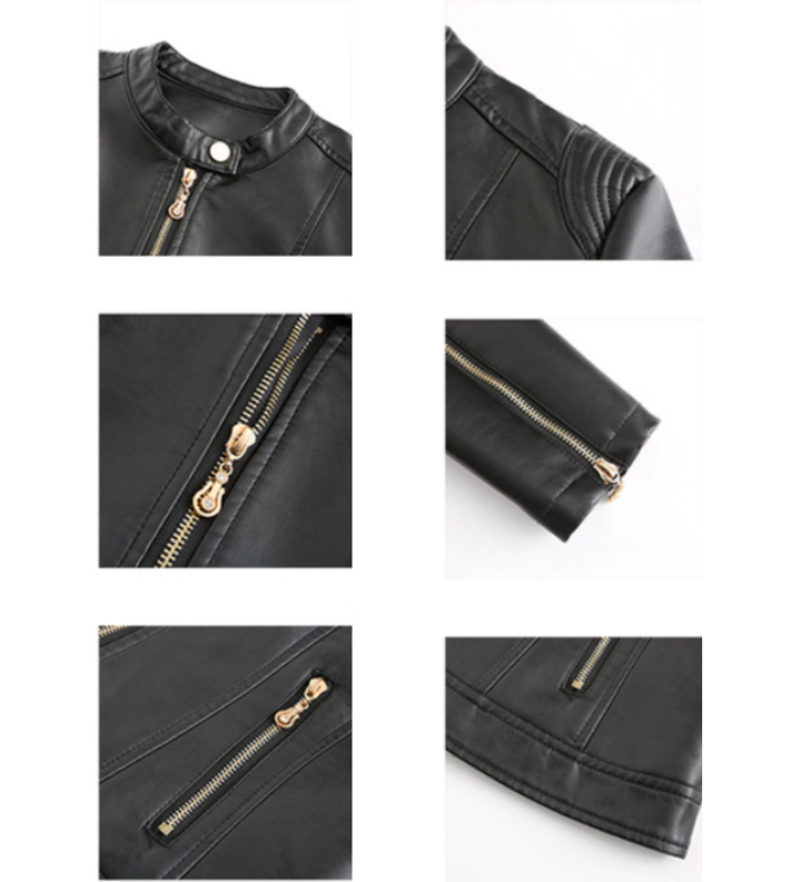 Women's biker jacket made of eco-friendly leather with zipper and stand-up collar